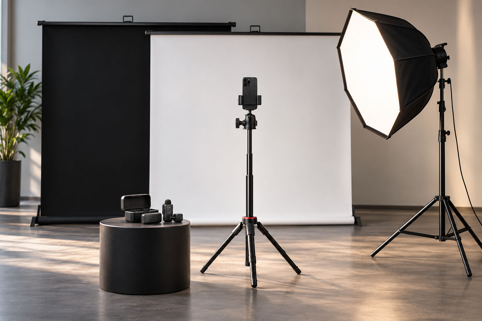 Mobiles Content-Studio mit Licht, Hintergrund und Mikrofonen